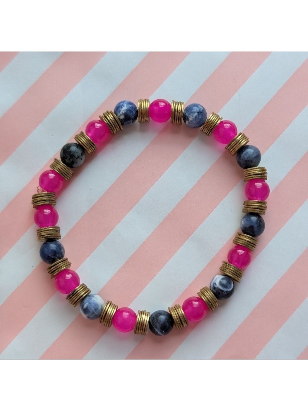 Elegant Blue Sodalite Natural Stone Beaded Stretch Bracelet With Pink Accents